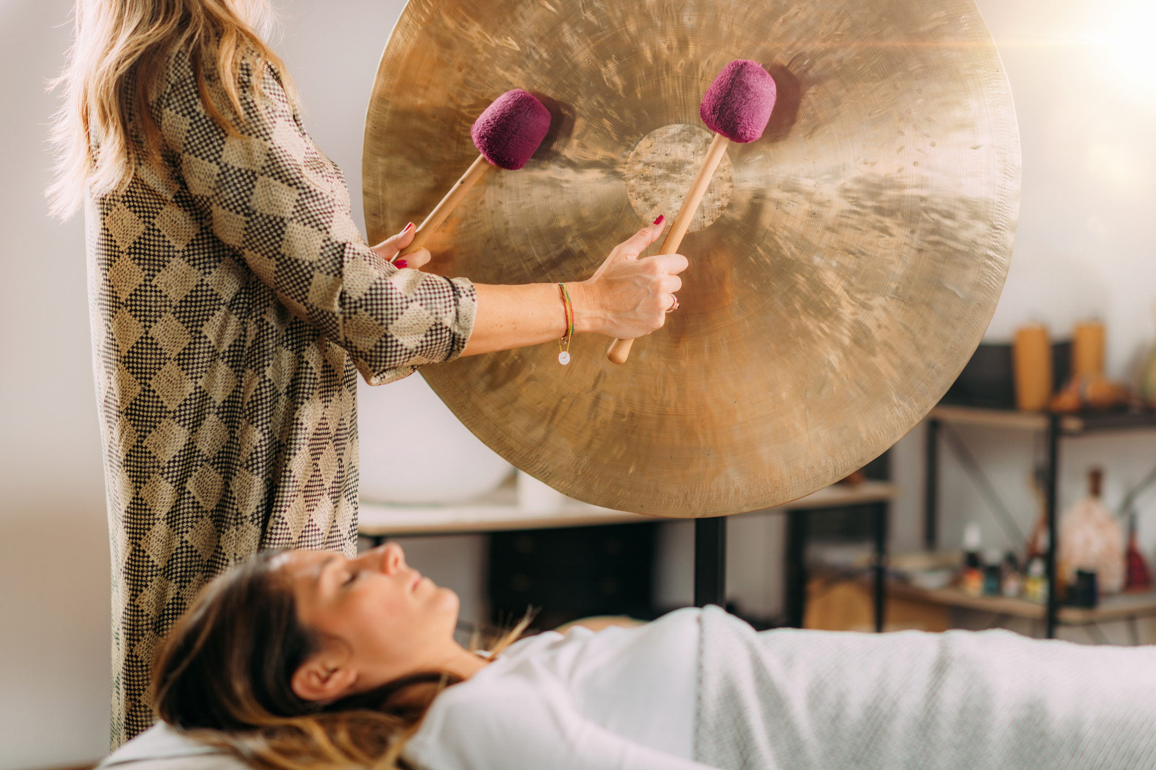 Sound Bath Therapy, Playing Gong